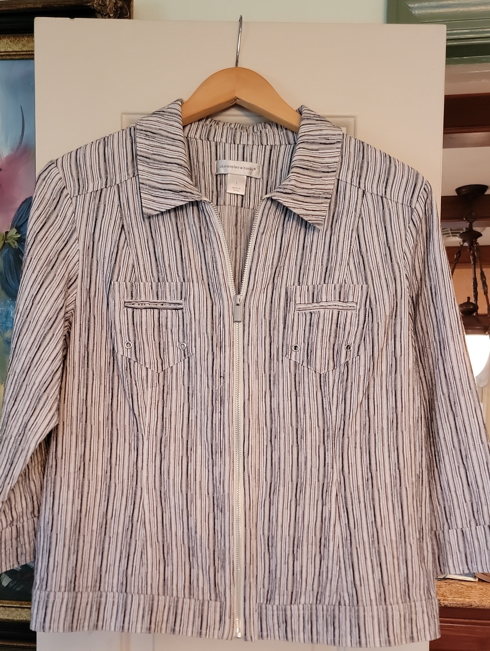Christopher & Banks Striped Zip Jacket in White and Navy 3/4 Sleeves